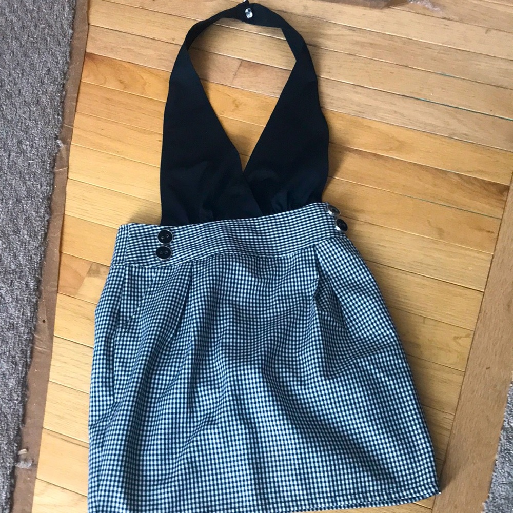 Checked v neck mini with open halter back